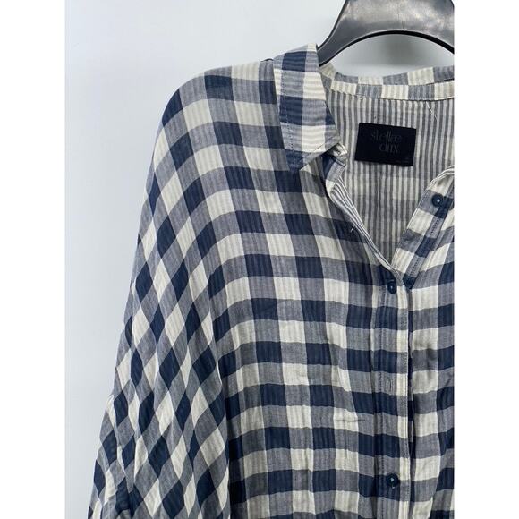 STELLAE DUX Women's Navy Blue-White Checkered Seersucker Button-Up Top SZ XL - Picture 3 of 11